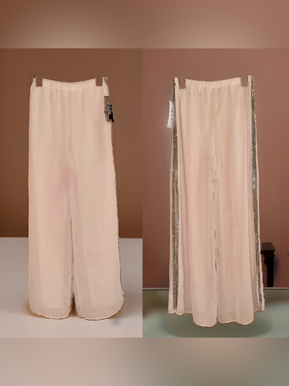 NWT Prelude Women's Champagne Split Wide-Leg Pants w/Metallic Side Trim-S